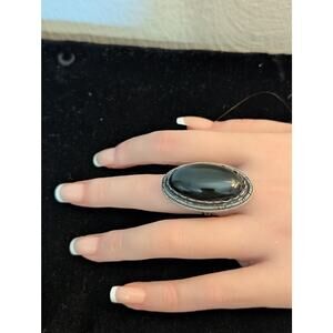 Vintage 925 Sterling Silver Mexico Large Oval Black Stone Ring Size 5.25